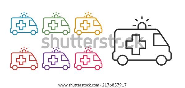 Set line Ambulance and emergency car icon isolated\
on white background. Ambulance vehicle medical evacuation. Set\
icons colorful. Vector