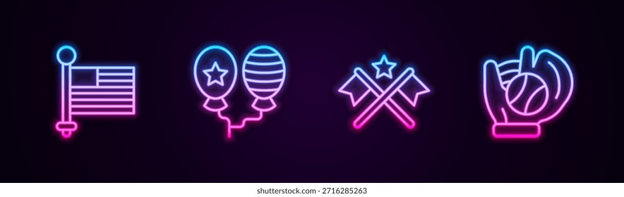 Setzen Sie Linie amerikanische Flagge, Ballons, und Baseball Handschuh mit Ball. Leuchtendes Neonsymbol. Vektorgrafik