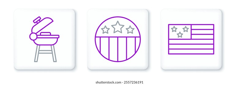 Set line American flag, Barbecue grill and Medal with star icon. Vector