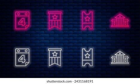 Set line American flag, Baseball ticket, Calendar with date July 4 and White House. Glowing neon icon on brick wall. Vector