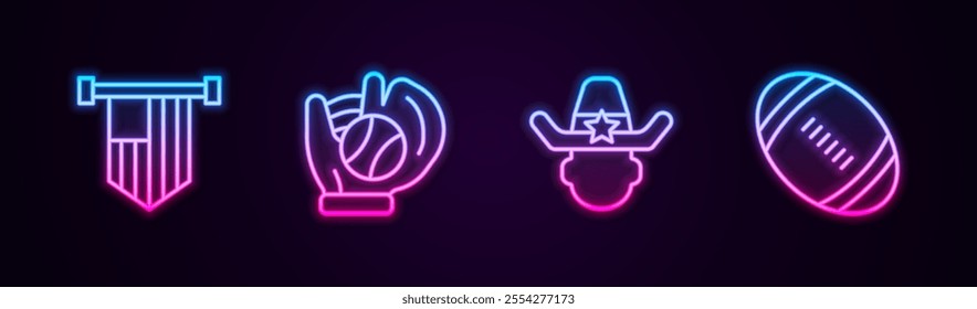 Set line American flag, Baseball glove with ball, Sheriff cowboy and Football. Glowing neon icon. Vector