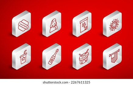 Set line American flag, Benjamin Franklin, Calendar with date July 4, Firework, Drum and drum sticks, Hotdog sandwich, Champagne bottle and Paper glass straw icon. Vector