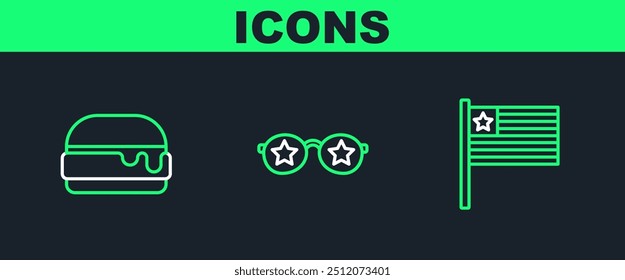Set line American flag, Burger and Glasses with stars icon. Vector
