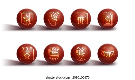 Set line American flag, Calendar with date July 4, USA Independence day, Shield stars, Head, Carnival garland flags and Trumpet icon. Vector
