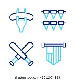 Set line American flag, Crossed baseball bat, Carnival garland with flags and Sausage on the fork icon. Vector
