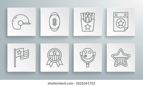 Set line American flag, Football ball, Medal with star, Tourist binoculars, USA Independence day, Potatoes french fries box, Calendar date July 4 and Baseball helmet icon. Vector
