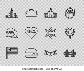 Set line American flag, Golden gate bridge, United States Capitol Congress, Burger, City landscape, USA Independence day, Carnival garland with flags and Tourist binoculars icon. Vector