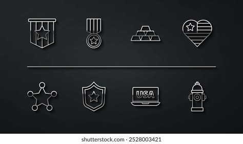 Set line American flag, Hexagram sheriff, USA Independence day, on laptop, Police badge, Medal with star, Fire hydrant and Gold bars icon. Vector