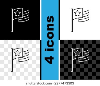 Set line American flag icon isolated on black and white, transparent background. Flag of USA. United States of America.  Vector