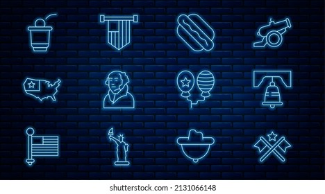 Set line American flag, Liberty bell in Philadelphia, Hotdog sandwich, George Washington, USA map, Beer pong game, Balloons and icon. Vector