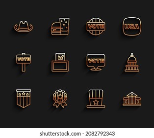 Set line American flag, Medal with star, Western cowboy hat, Patriotic top, White House, Vote box,  and  icon. Vector