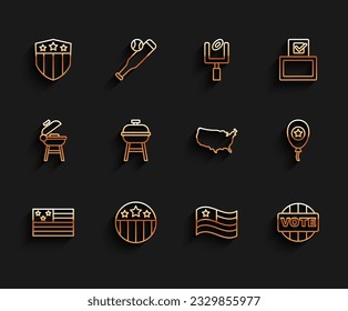 Set line American flag, Medal with star, Shield stars, Vote, Barbecue grill, Balloons and USA map icon. Vector