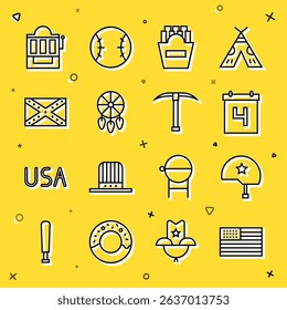 Set line American flag, Military helmet, Calendar with date July 4, Potatoes french fries in box, Dream catcher feathers, Flag Confederate, Slot machine and Pickaxe icon. Vector