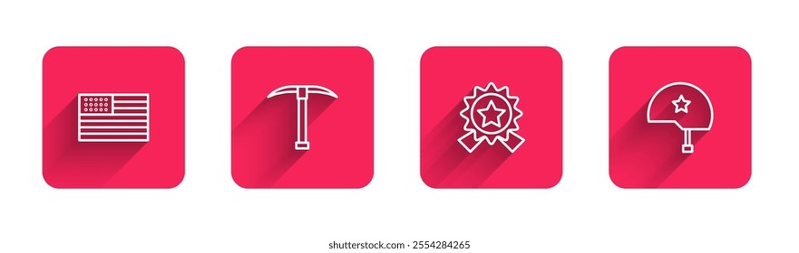 Set line American flag, Pickaxe, Medal with star and Military helmet with long shadow. Red square button. Vector