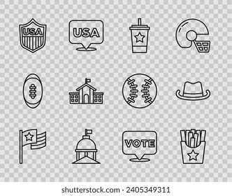 Set line American flag, Potatoes french fries in box, Paper glass with straw, White House, Shield stars, United States Capitol Congress, Vote and Western cowboy hat icon. Vector