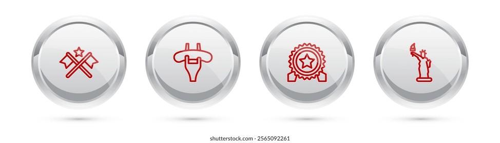 Set line American flag, Sausage on the fork, Medal with star and Statue of Liberty. Silver circle button. Vector