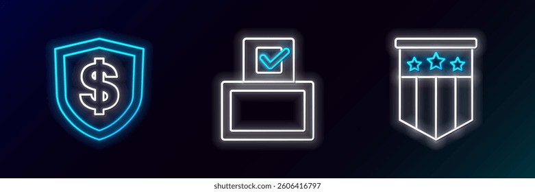Set line American flag, Shield with dollar and Vote box icon. Glowing neon. Vector