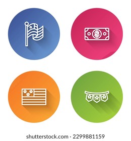 Fijar la bandera estadounidense, apilar dinero en efectivo de papel y la guirnalda de carnaval con banderas. Botón de círculo de color. Vector