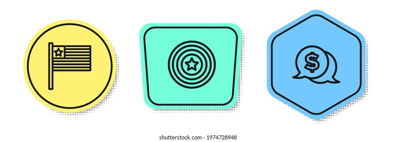 Set line American flag, star shield and Coin money with dollar. Colored shapes. Vector