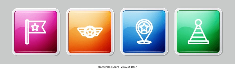 Set line American flag, Star military, USA Independence day and Party hat. Colorful square button. Vector