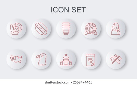 Set line American flag, USA map, Paper glass, Calendar with date July 4, Baseball glove ball, Hotdog sandwich, Eagle head and White House icon. Vector