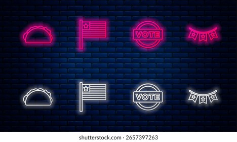 Setzen Sie Linie amerikanische Flagge, Vote, Taco mit Tortilla und Karneval Girlande Fahnen. Leuchtendes Neonsymbol an der Ziegelwand. Vektorgrafik