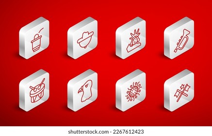 Set line American flag, Western cowboy hat, Statue of Liberty, Trumpet, Firework, Beer pong game, Eagle head and Drum and drum sticks icon. Vector