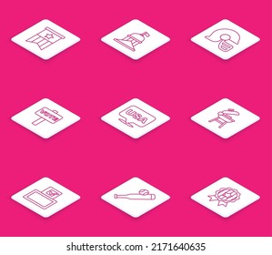 Set line American flag, White House, football helmet, Vote, USA Independence day, Barbecue grill, box and Baseball bat with icon. Vector