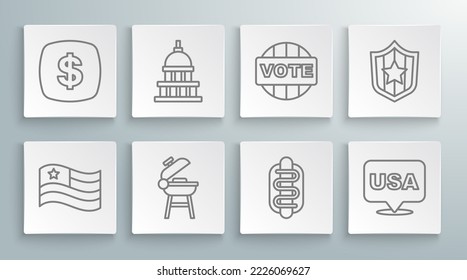 Set line American flag, White House, Barbecue grill, Hotdog sandwich, USA Independence day, Vote, Shield with stars and Dollar symbol icon. Vector
