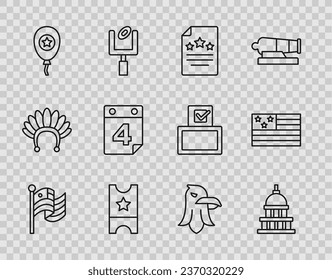 Fijar la bandera estadounidense, la Casa Blanca, la Declaración de Independencia, el boleto de béisbol, los globos, el calendario con fecha 4 de julio, Águila e ícono. Vector