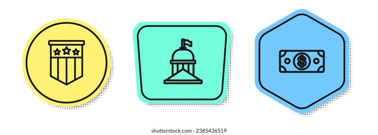 Set line American flag, White House and Stacks paper money cash. Colored shapes. Vector