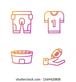 Set line American Football ball on hand, Football stadium, American football shorts and American football jersey. Gradient color icons. Vector