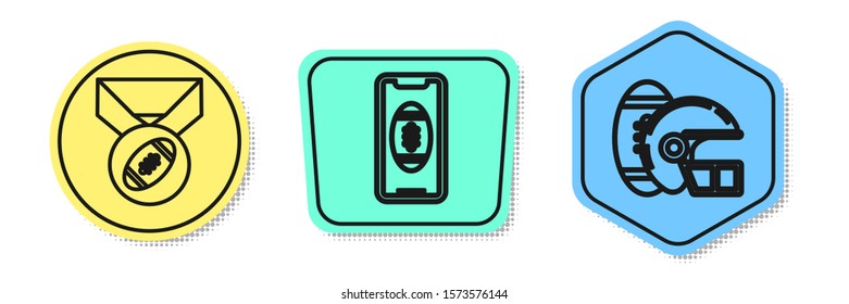 Set line American Football ball with medal, Smartphone with american football ball on the screen and American Football ball and helmet. Colored shapes. Vector