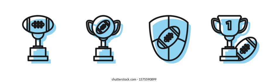 Set line American Football ball and shield, Award cup and American football ball, Award cup and American football ball and Award cup and American football ball icon. Vector