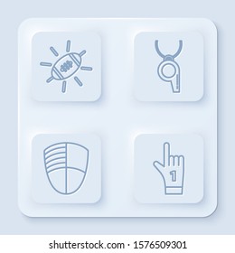 Set line American Football ball, Whistle, Football club logo template and Number 1 one fan hand glove with finger raised. White square button. Vector