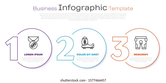 Set line American Football ball with medal, Soccer or football shoes with spikes and American football shorts. Business infographic template. Vector