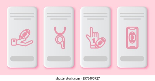 Set line American Football ball on hand, Whistle, Number 1 one fan hand glove with finger raised and american football ball and Smartphone with american football ball on the screen. Vector