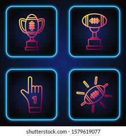 Set line American Football ball, Number 1 one fan hand glove with finger raised, Award cup and American football ball and Award cup and American football ball. Gradient color icons. Vector