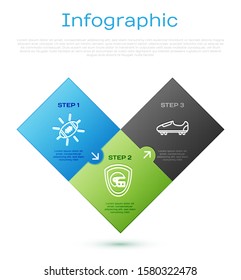 Set line American Football ball, Soccer or football shoes with spikes, American football helmet and shield and American Football ball and shield. Business infographic template. Vector