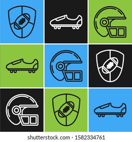 Set line American Football ball and shield, American football helmet and Soccer or football shoes with spikes icon. Vector