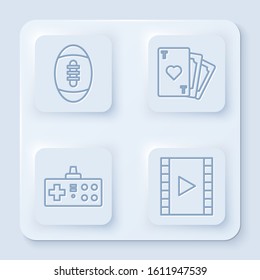 Set line American Football ball, Playing card with heart symbol, Gamepad and Play Video. White square button. Vector
