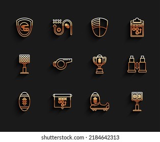 Set line American Football ball, football helmet and shield, Soccer or shoes with spikes, Sport mechanical scoreboard result display, Whistle, Binoculars and Award cup icon. Vector