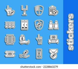 Set line American Football ball with medal, basketball team or workers, Planning strategy concept, Number 1 one fan hand glove finger raised american and shield icon. Vector