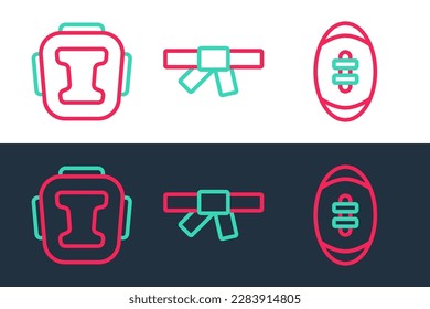 Set line American Football ball, Boxing helmet and Black karate belt icon. Vector