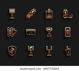 Set line American Football ball and shield, Number 1 one fan hand glove with finger raised, stadium, Smartphone american the screen and Award cup icon. Vector