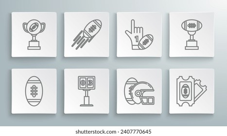 Set line American Football ball, Sport football mechanical scoreboard and result display, helmet, ticket, Number 1 one fan hand glove with finger raised american, Award cup and  icon. Vector