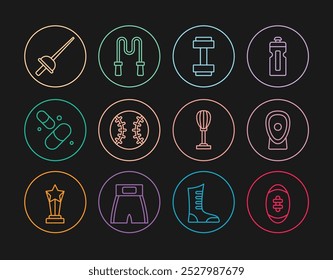 Set line American Football ball, Boxing training paws, Dumbbell, Baseball, Vitamin pill, Fencing, Punching bag and Jump rope icon. Vector