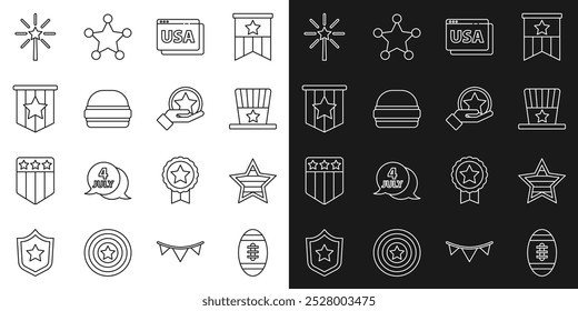 Set line Pelota de fútbol americano, día de la independencia de EE.UU., sombrero de copa patriótico, en el navegador, hamburguesa, bandera, fuegos artificiales e icono. Vector