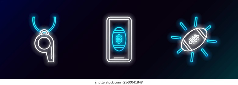 Set line American Football ball, Whistle and Smartphone with american football on the screen icon. Glowing neon. Vector