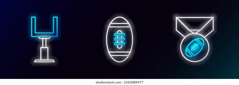 Set line American Football ball with medal, football goal post and  icon. Glowing neon. Vector